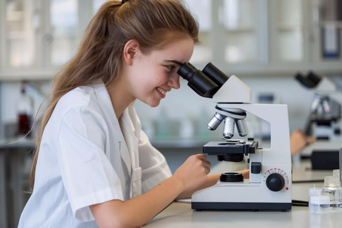 Una studentessa guarda al microscopio in un laboratorio di ricerca biologica