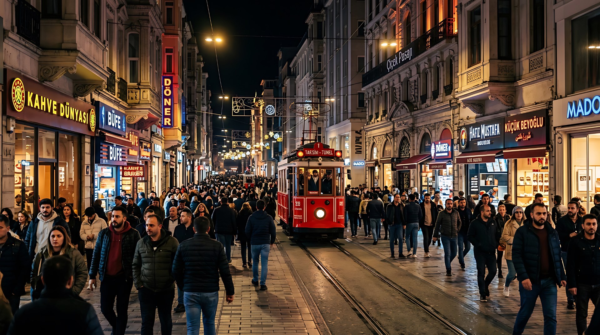 Folla lungo il viale İstiklal a Istanbul di notte, con un tram storico rosso