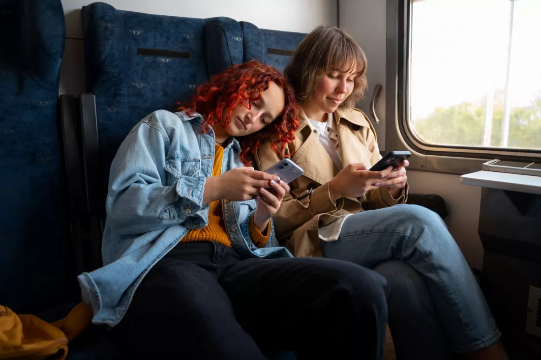Amici in viaggio insieme in treno